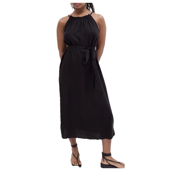 Gap Black Halter Midi Dress Size L Linen Blend Belted Relaxed Fit Flattering - Picture 3 of 11